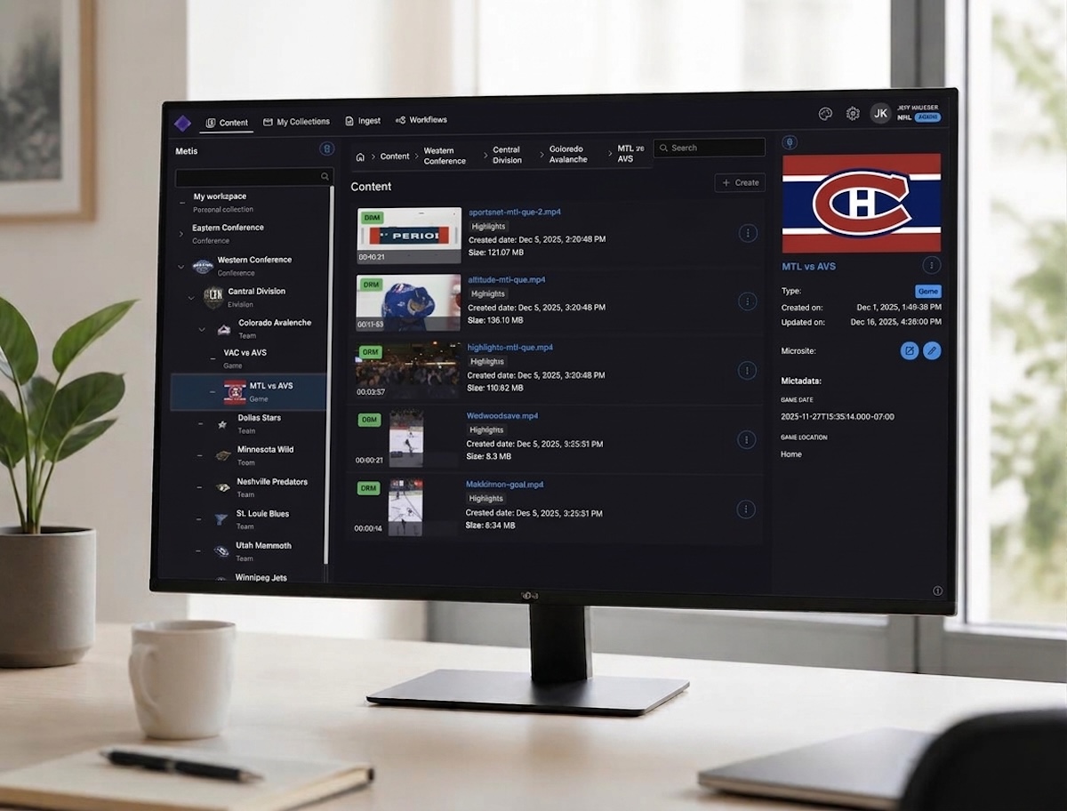 Metis media platform interface showing content collections, game highlights, and metadata