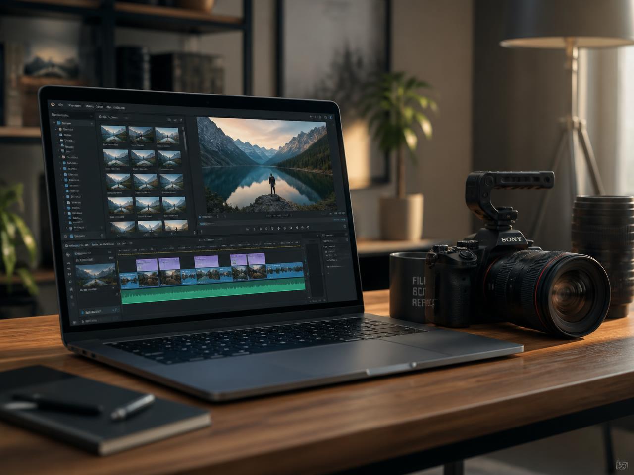 Media production workspace with a video editing timeline and asset library